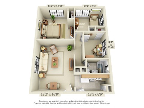Floor plan for 3 beds, 1 bath, 800 sqft